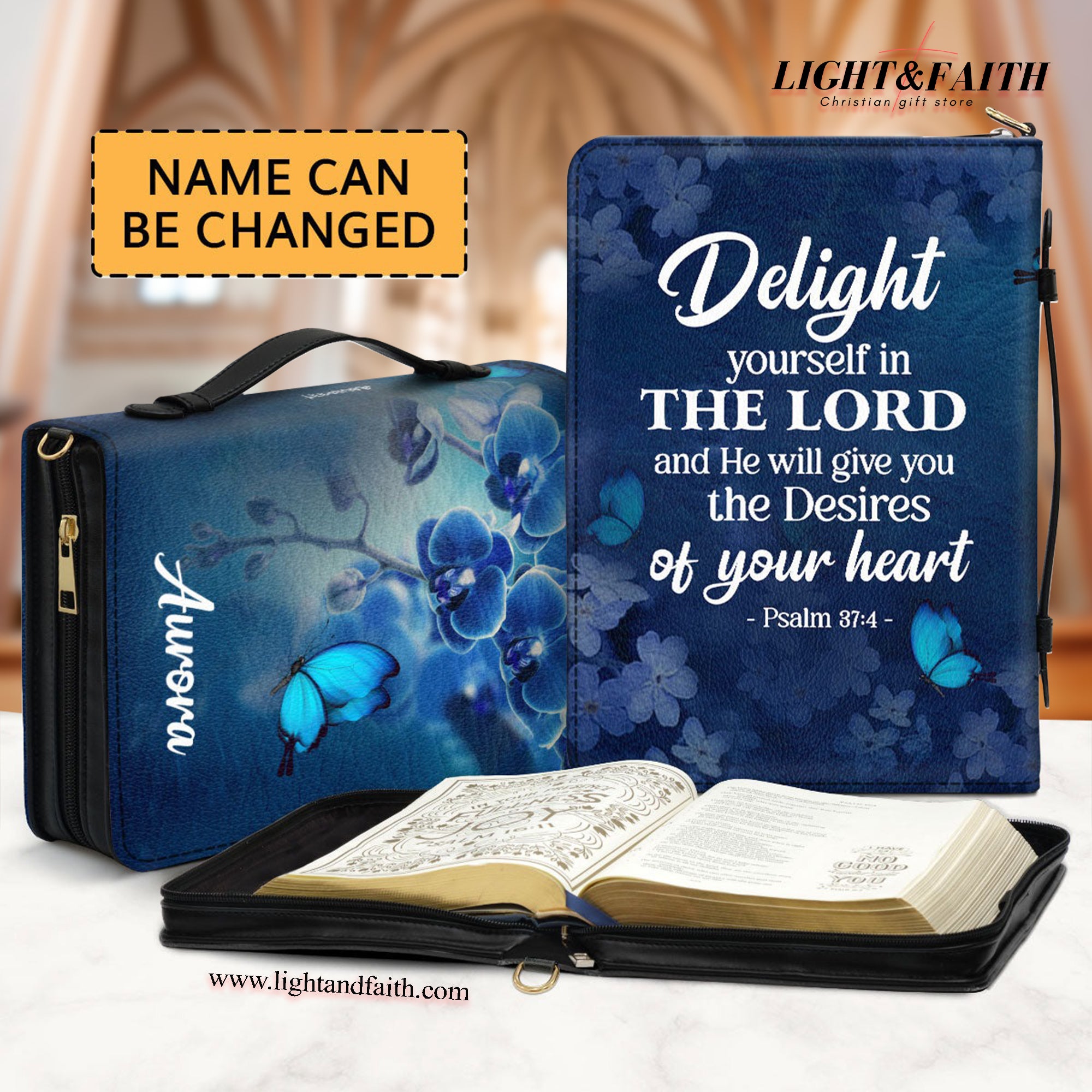 Psalm 37:4 - Blue Orchids And Lilac Leather Book Cover, Special Personalized Bible Cover, Delight Yourself In The Lord, Christian Gift, Bible Covers Jesus Gifts